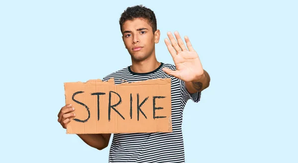 Young Handsome African American Man Holding Strike Banner Cardboard Open — Stock Photo, Image