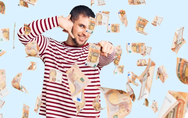 Young Handsome Man Wearing Striped Sweater Smiling Doing Talking Telephone — Stock Photo, Image