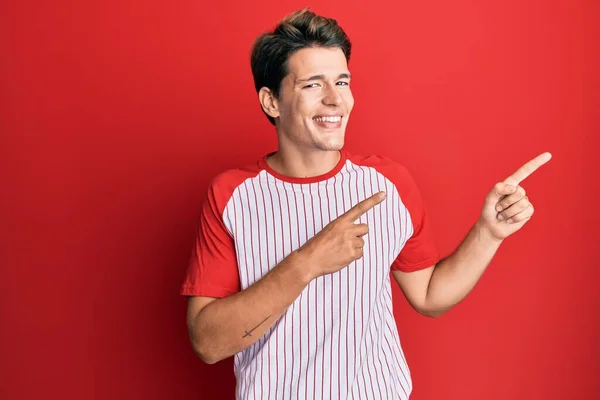 Handsome Caucasian Man Wearing Baseball Uniform Smiling Looking Camera Pointing — Stock Photo, Image