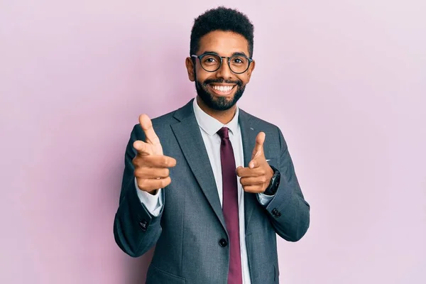 Handsome Hispanic Business Man Beard Wearing Business Suit Tie Pointing — Stock Photo, Image