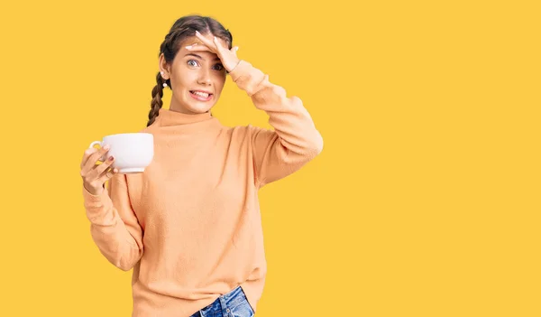 Beautiful Caucasian Woman Blonde Hair Drinking Coffee Stressed Frustrated Hand — Foto de Stock