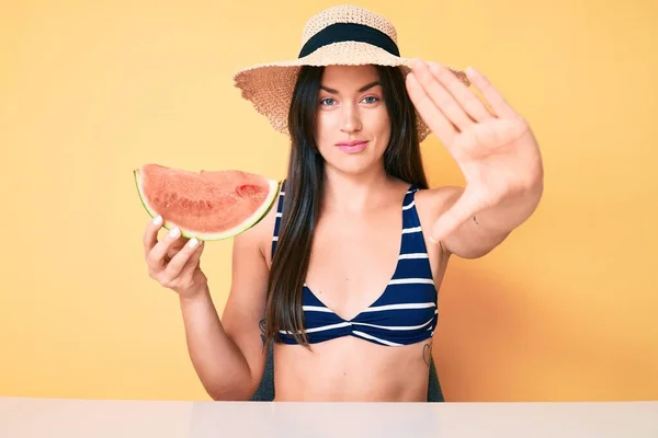 Young Beautiful Caucasian Woman Wearing Bikini Hat Holding Slice Watermelon —  Fotos de Stock