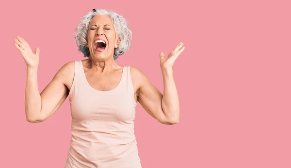 Senior Grey Haired Woman Wearing Casual Clothes Celebrating Mad Crazy — Stock Photo, Image