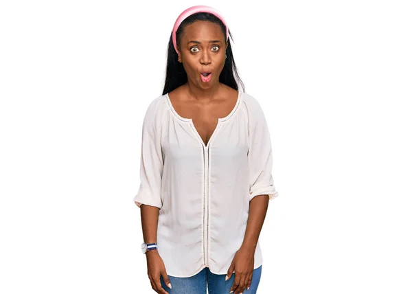 Young Black Woman Wearing Casual Clothes Afraid Shocked Surprise Expression — Stock Photo, Image