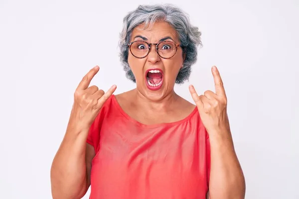 Senior Hispanic Grey Haired Woman Wearing Casual Clothes Glasses Shouting — Stock Photo, Image