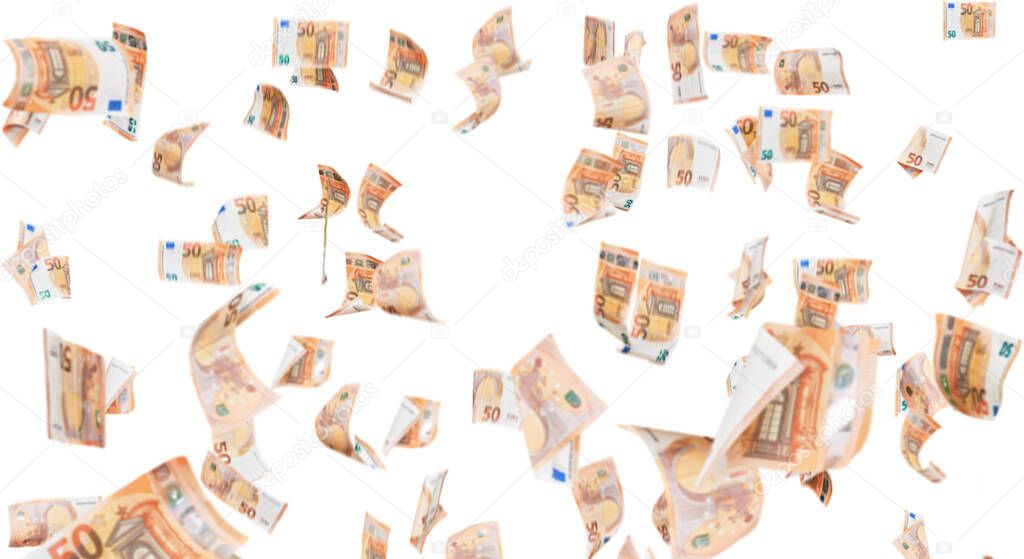 Money rain of 50 euro banknotes over white isolated background