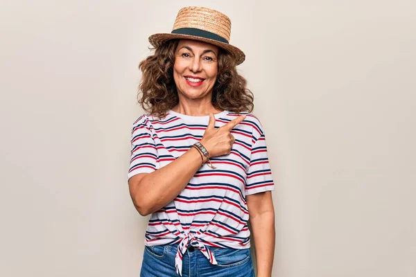 Middle Age Beautiful Woman Wearing Striped Shirt Hat Isolated White — Stock Photo, Image