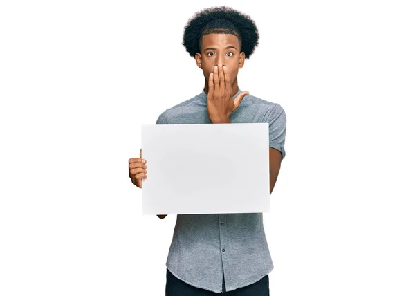 African American Man Afro Hair Holding Blank Empty Banner Covering — Stock Photo, Image