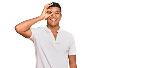 Young Arab Man Wearing Casual Clothes Doing Gesture Hand Smiling — Stock Photo, Image