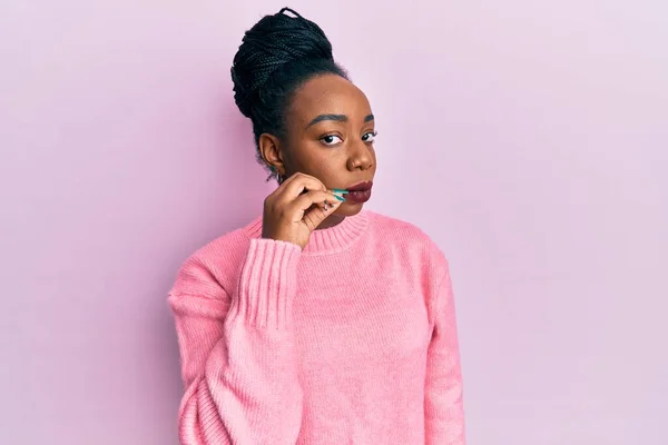 Young African American Woman Wearing Casual Winter Sweater Mouth Lips — Stock Photo, Image