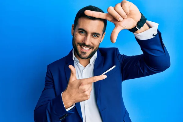 Young Hispanic Businessman Wearing Business Jacket Smiling Making Frame Hands — Stock Photo, Image