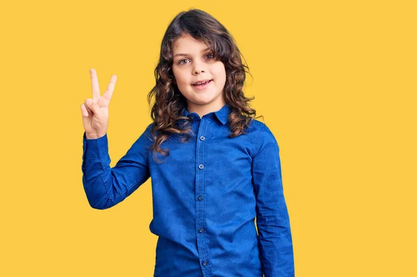 Cute Child Long Hair Wearing Casual Clothes Showing Pointing Fingers — Stock Photo, Image