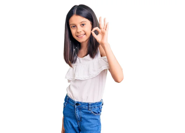 Schöne Kindermädchen Lässiger Kleidung Lächeln Positiv Tun Zeichen Mit Hand — Stockfoto