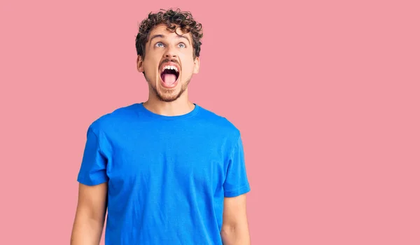 Young Handsome Man Curly Hair Wearing Casual Clothes Angry Mad — Stock Photo, Image