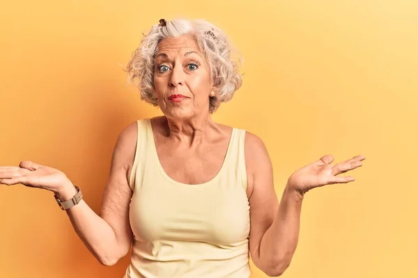 Senior Grey Haired Woman Wearing Casual Clothes Clueless Confused Open — Stock Photo, Image