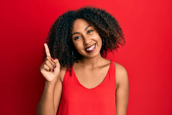 Mooie Afro Amerikaanse Vrouw Met Afro Haar Casual Kleding Glimlachend — Stockfoto