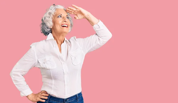 Mujer Mayor Pelo Gris Con Ropa Casual Muy Feliz Sonriente —  Fotos de Stock