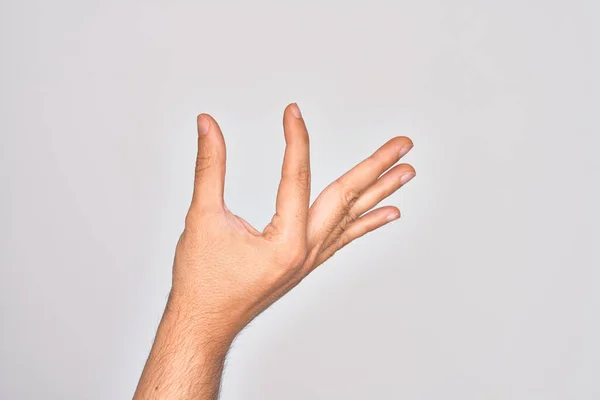 Mano Joven Caucásico Mostrando Dedos Sobre Fondo Blanco Aislado Recogiendo — Foto de Stock