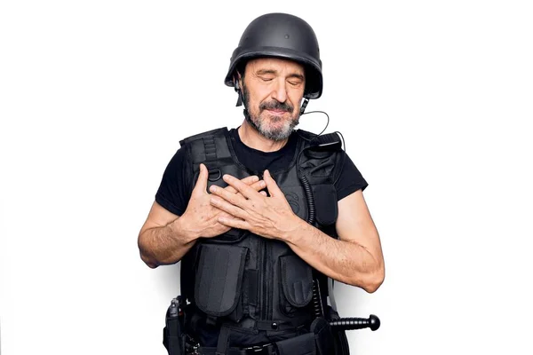 Middle Age Handsome Policeman Wearing Police Bulletproof Vest Security Helmet — Stock Photo, Image