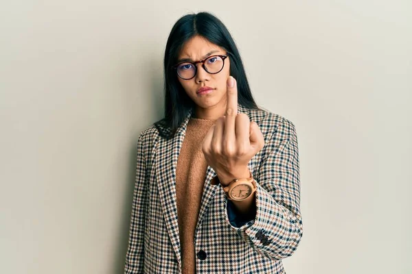 Young Chinese Woman Wearing Business Style Glasses Showing Middle Finger —  Fotos de Stock