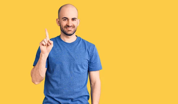 Young Handsome Man Wearing Casual Shirt Showing Pointing Finger Number — Stock Photo, Image