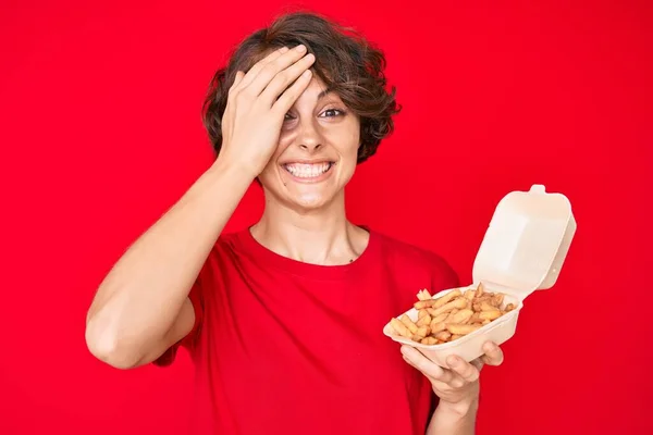 Young Hispanic Woman Holding Potato Chip Stressed Frustrated Hand Head — Fotografia de Stock