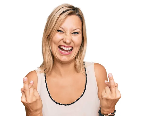 Middle Age Caucasian Woman Wearing Casual Clothes Showing Middle Finger — Stockfoto