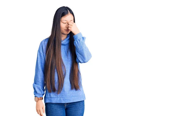 Young Beautiful Chinese Woman Wearing Casual Turtleneck Sweater Tired Rubbing — Stock Photo, Image