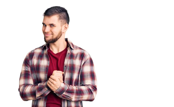 Homem Bonito Jovem Vestindo Camisa Casual Com Mãos Juntas Dedos — Fotografia de Stock