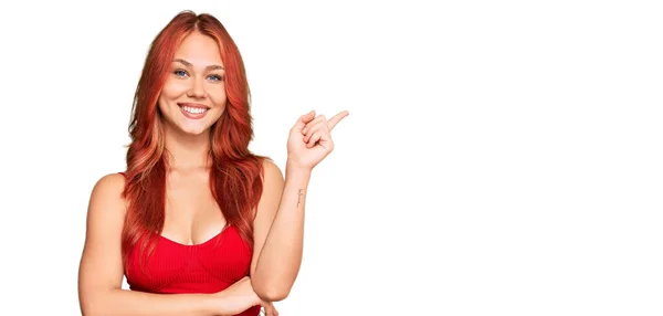 Young Redhead Woman Wearing Casual Clothes Big Smile Face Pointing — Foto Stock