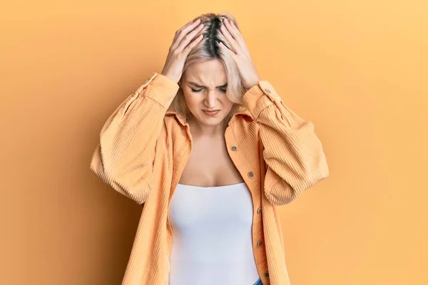 Young Blonde Girl Wearing Casual Clothes Suffering Headache Desperate Stressed — Stock Photo, Image