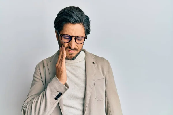 Young Hispanic Man Wearing Business Jacket Glasses Touching Mouth Hand — Stock Photo, Image