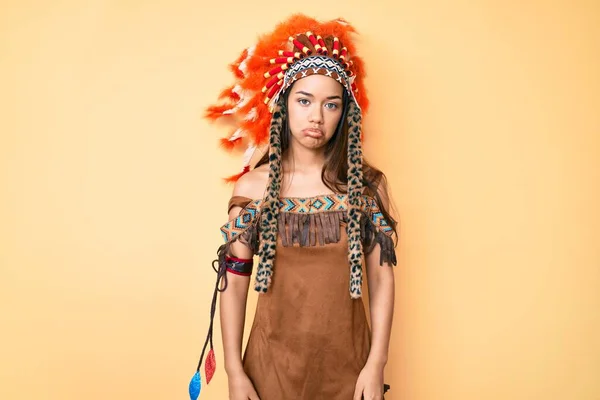 Young Beautiful Latin Girl Wearing Indian Costume Depressed Worry Distress — Stock Photo, Image