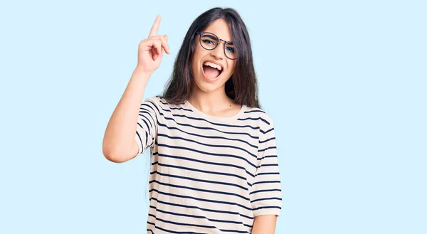 Brunette Teenager Girl Wearing Casual Clothes Glasses Pointing Finger Successful — Stock Photo, Image
