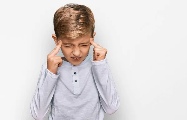 Little Caucasian Boy Kid Wearing Casual Clothes Hand Head Pain — Stock Photo, Image