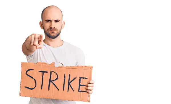 Young Handsome Man Holding Strike Banner Pointing Finger Camera You — Stock Photo, Image