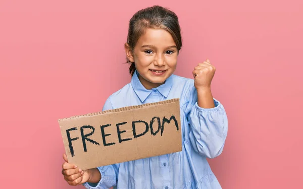 Little Beautiful Girl Holding Freedom Banner Screaming Proud Celebrating Victory — Stock Photo, Image