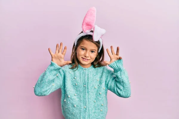 Little Beautiful Girl Wearing Cute Easter Bunny Ears Showing Pointing — Stock Photo, Image