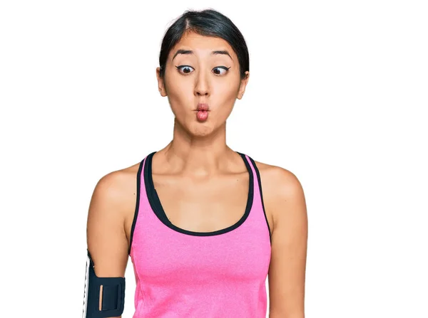 Vacker Asiatisk Ung Sport Kvinna Bär Sportkläder Och Armband Gör — Stockfoto