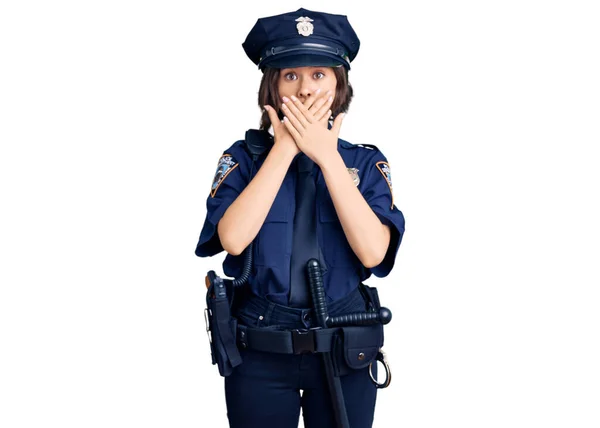 Young Beautiful Girl Wearing Police Uniform Shocked Covering Mouth Hands — Stock Photo, Image