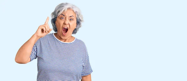 Senior Woman Gray Hair Wearing Casual Striped Clothes Pointing Finger — Stock Photo, Image