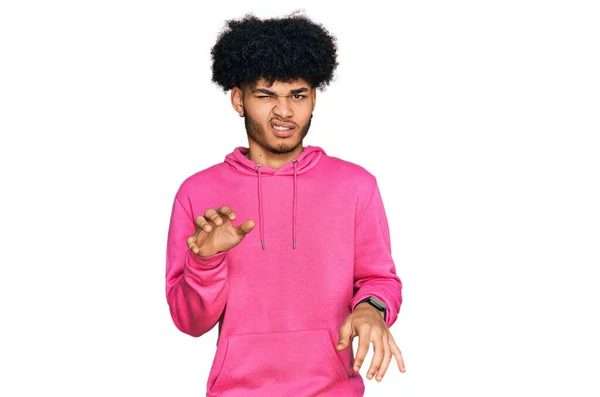 Young African American Man Afro Hair Wearing Casual Pink Sweatshirt — Stock Photo, Image