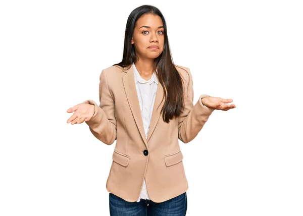 Beautiful Hispanic Woman Wearing Business Jacket Clueless Confused Expression Arms — Stock Photo, Image