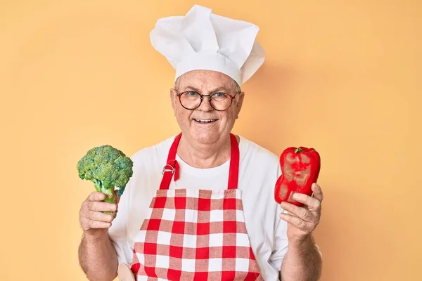 Senior Grey Haired Man Wearing Professional Cook Apron Holding Broccoli — Stock Photo, Image