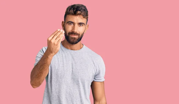 Young Hispanic Man Wearing Casual Clothes Doing Italian Gesture Hand — Stock Photo, Image