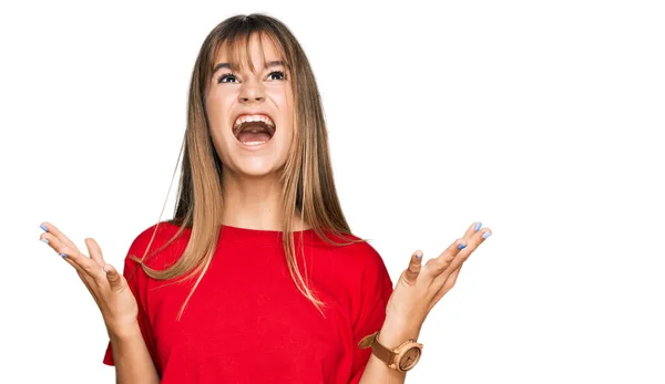 Teenager Caucasian Girl Wearing Casual Red Shirt Crazy Mad Shouting — Stock Photo, Image