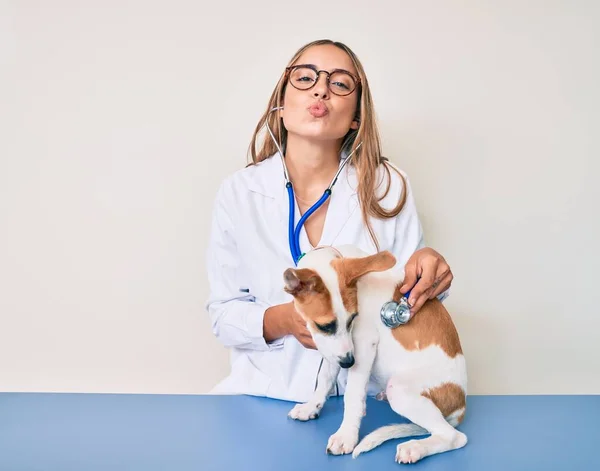 若い美しいブロンドの獣医師の女性は カメラを見て聴診器を使用して犬の健康をチェックします 愛の表現 — ストック写真