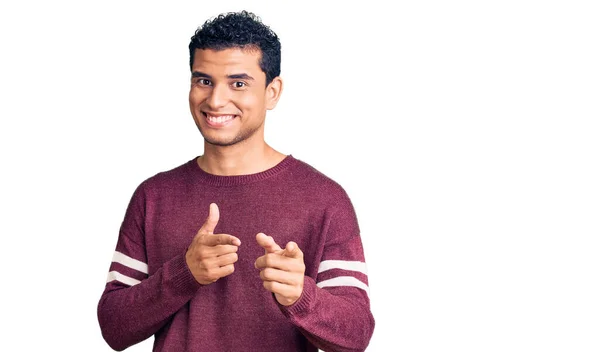 Hispanic Handsome Young Man Wearing Casual Clothes Pointing Fingers Camera — Stock Photo, Image