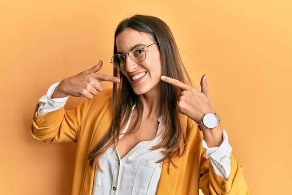 Young Beautiful Woman Wearing Business Style Glasses Smiling Cheerful Showing — Stock Photo, Image