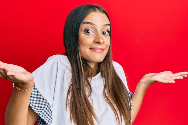 Young Hispanic Woman Wearing Casual Clothes Clueless Confused Expression Arms — Stock Photo, Image